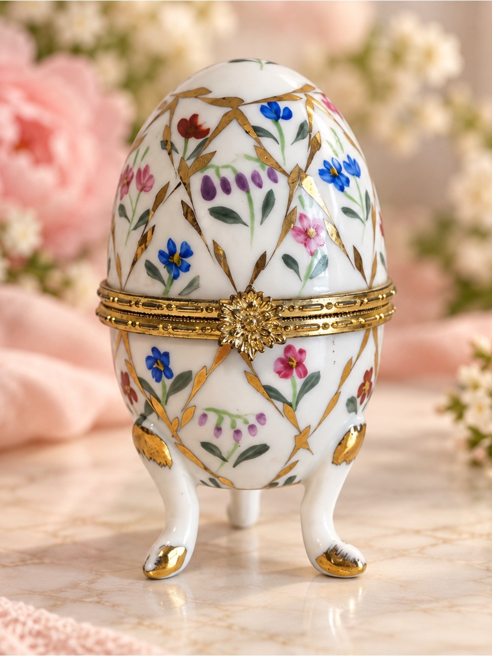 10K Gold Trim Hand-Painted Floral Porcelain Egg Box by Baum Bros